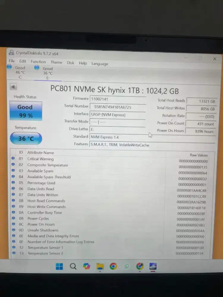 Jual SSD SK hynix PC801 NVMe 1TB – Kondisi Sehat 99%