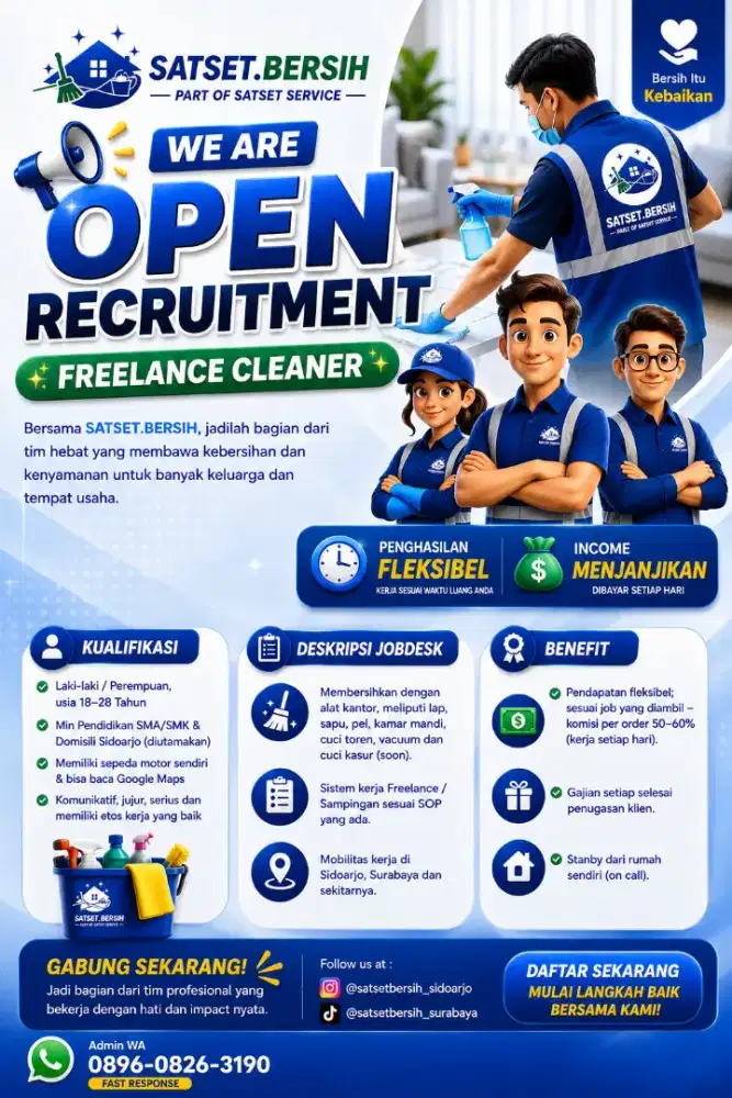 DICARI FREELANCE CLEANER, CONTENT CREATOR, MARKETING SATSET BERSIH