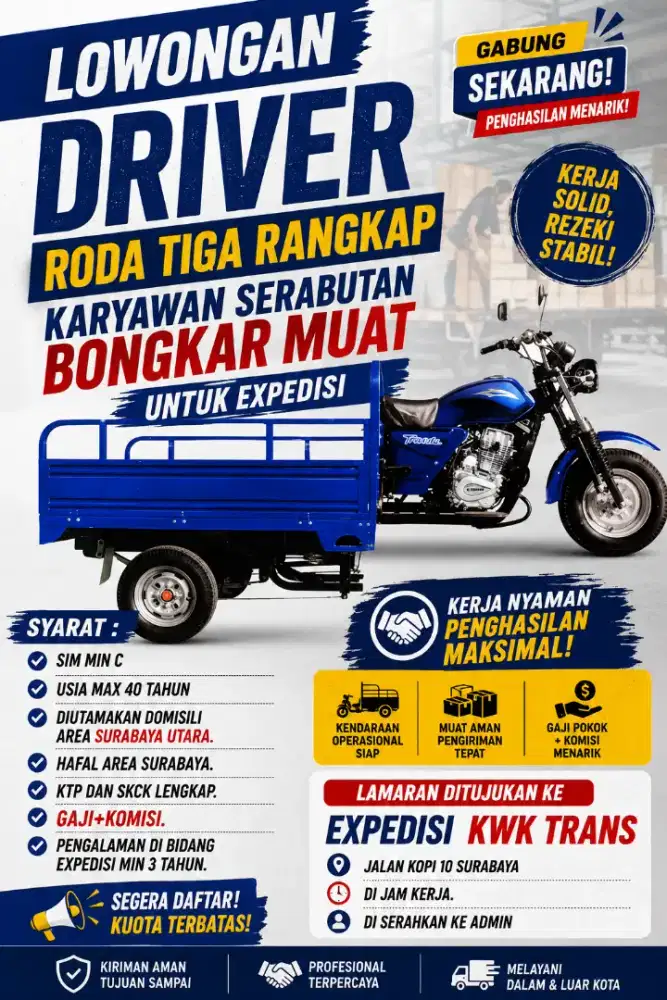 Lowongan driver roda tiga muatan untuk expedisi rangkap serabutan.