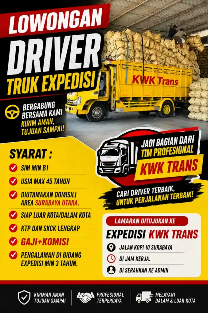 LOWONGAN DRIVER TRUK LUAR KOTA/DALAM KOTA PENGALAMAN