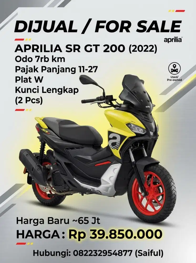 Odo 7rb Istimewa!!Aprillia 200 SR GT pmk 2023 Pajek Bru Mulus-Mustika