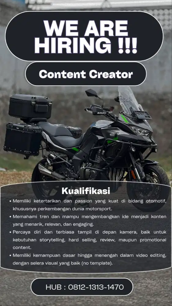 LOWONGAN KERJA CONTENT CREATOR MOTOR – FULL TIME JAKARTA BARAT