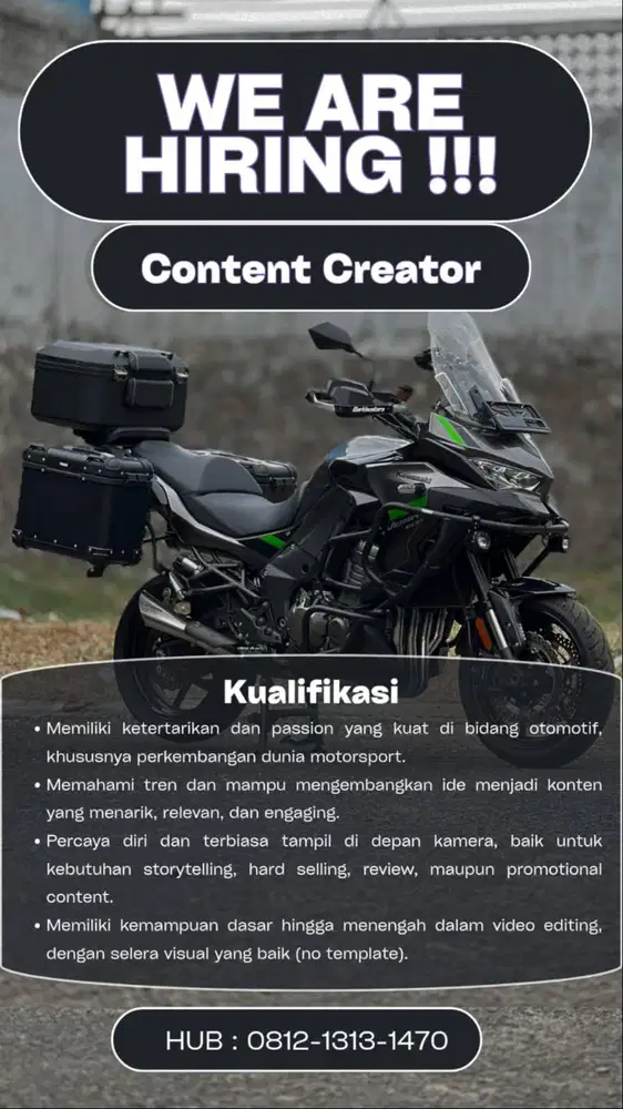 LOWONGAN KERJA CONTENT CREATOR MOTOR – FULL TIME JAKARTA BARAT