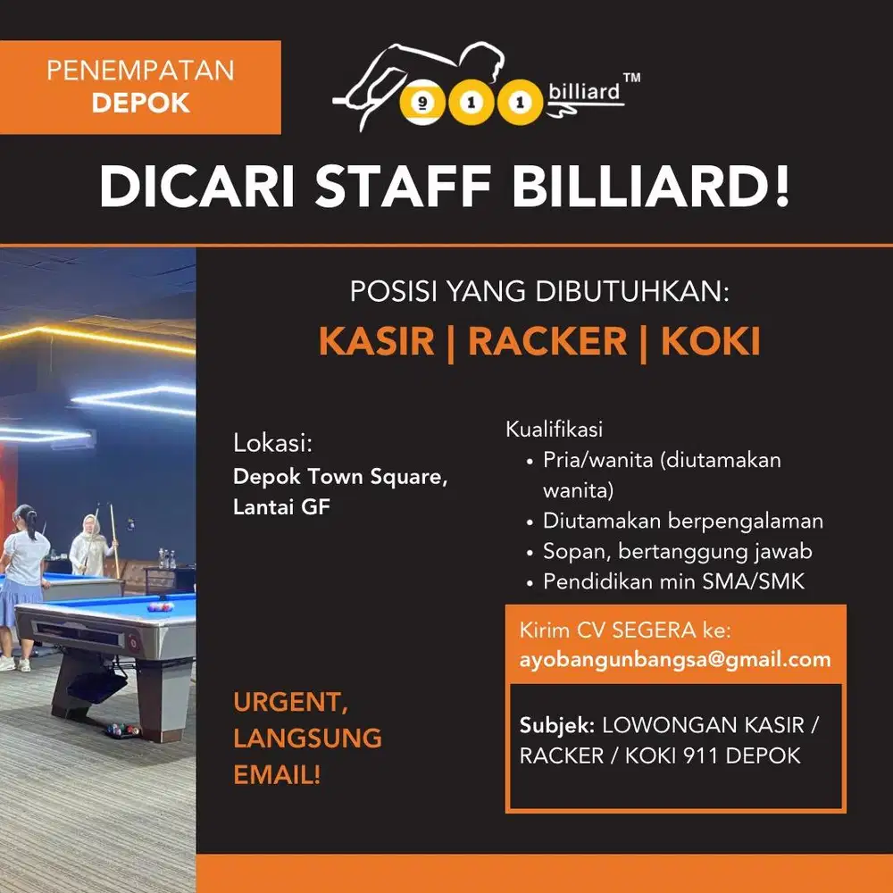 Lowongan Kasir / Racker / Koki 911 Billiard Depok