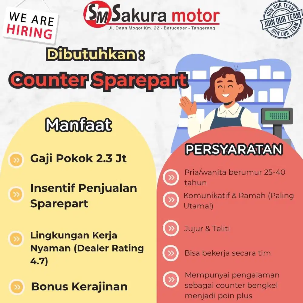 Lowongan Kerja Counter Sparepart Bengkel - Gaji 2.3 Jt + Insentif