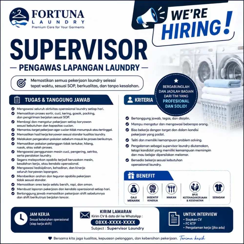 Loker Laundry - Supervisor Pengawas Lapangan