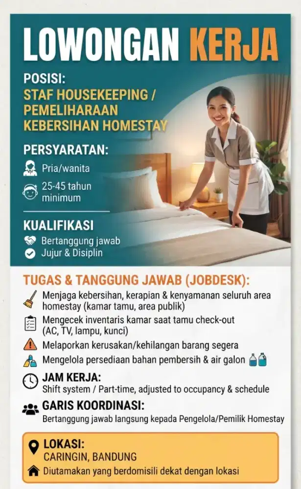 Staf Housekeeping / Pemeliharaan Kebersihan Homestay.