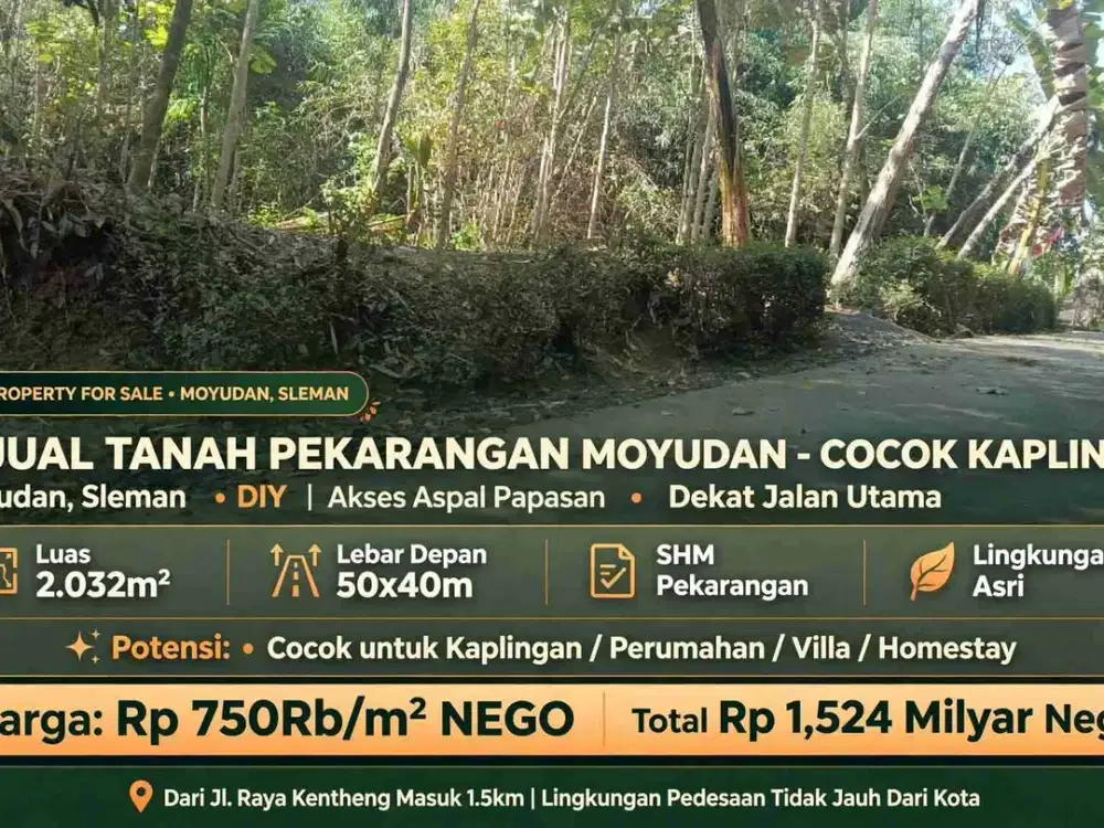 MENARIK! Tanah 2.032m² Moyudan Sleman - Lebar 50m, Cocok Kaplingan / Villa - 750rb/m NEGO