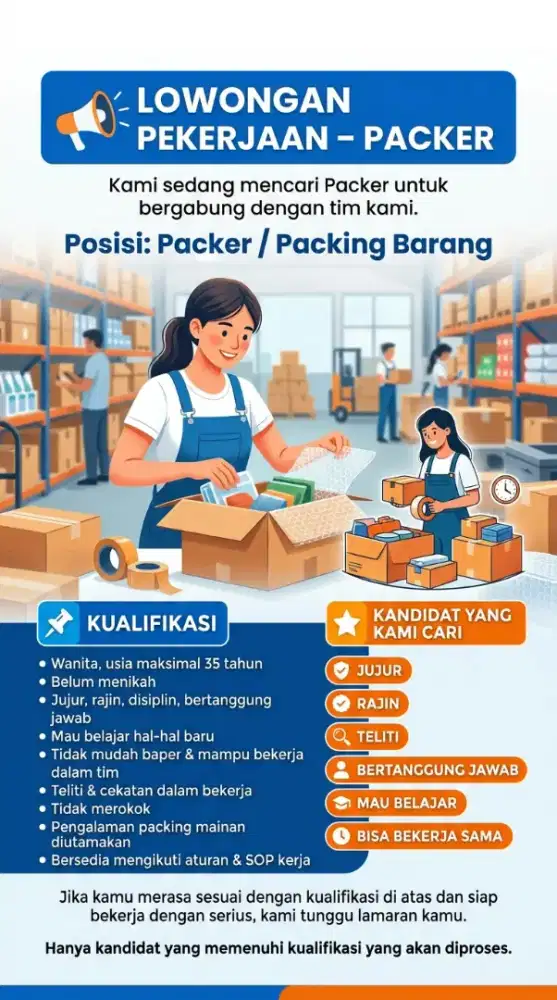 Di butuhkan packer toko online mainan Jakarta Barat