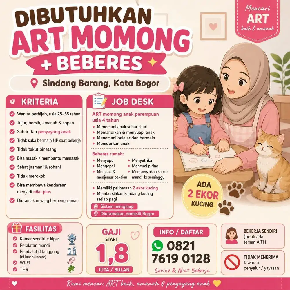 dibutuhkan art nginap serabutan & ngasuh anak 4 thn