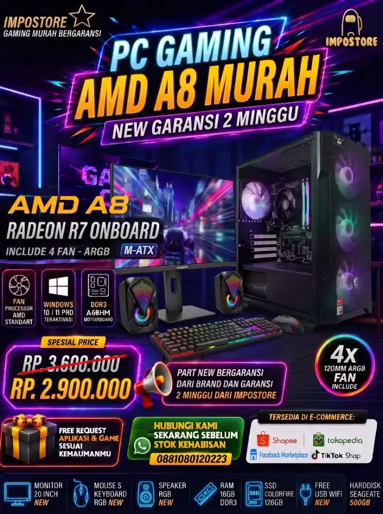 PC GAMING FULLSET MURAH AMD A8 - RAM 16GB - SSD 128GB - HDD 500GB -NEW