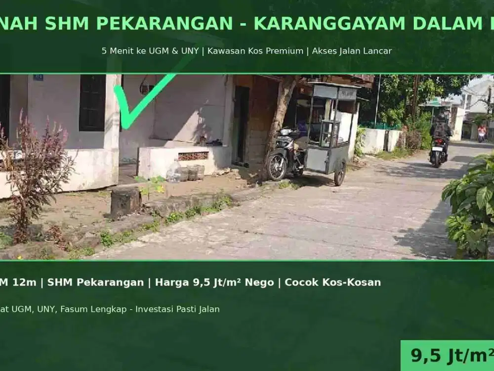 DIJUAL TANAH SHM PEKARANGAN KARANGGAYAM RINGROAD - 190m² LM 12m - 5 Menit UGM - Cocok Kos - 9,5Jt/m Nego