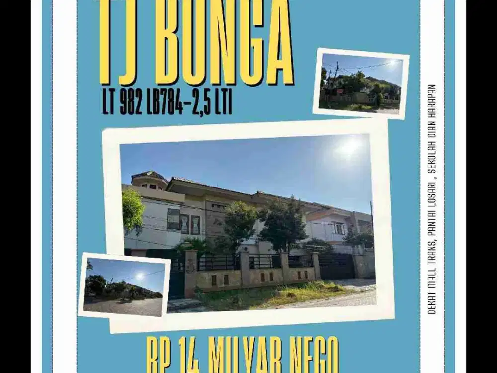 Dijual Rumah Jl Bromo Tanjung Bunga
Posisi Sudut Jl Bromo dan Jl G Kinibalu

• Luas Tanah: 982 m²
• Luas Bangunan: 784 m² (2 ½ Lt.)
• Hadap: Timur
• Air: PDAM
• Listrik: 10600 KWH
Bangunan Terdiri Dari:
• 1 Kamar Tidur Utama: Connecting R. Serbaguna + Kam