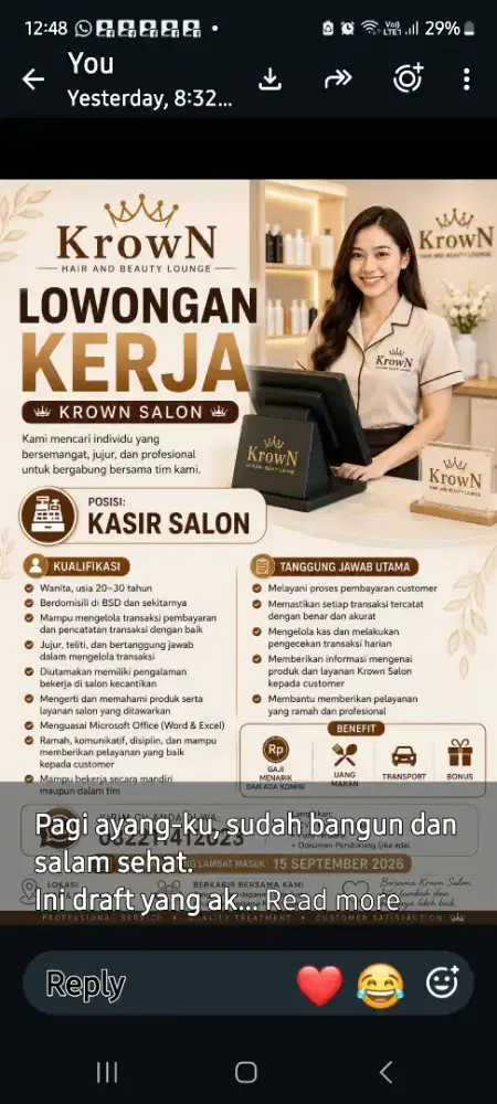 Dibutuhkan kasir Salon Kecantikan