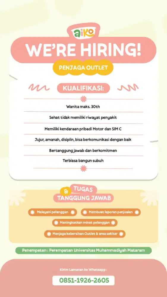 Loker Penjaga Outlet Aiko Food Lombok