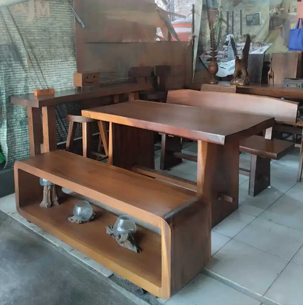 Set Meja Makan Kayu Utuh antik alami