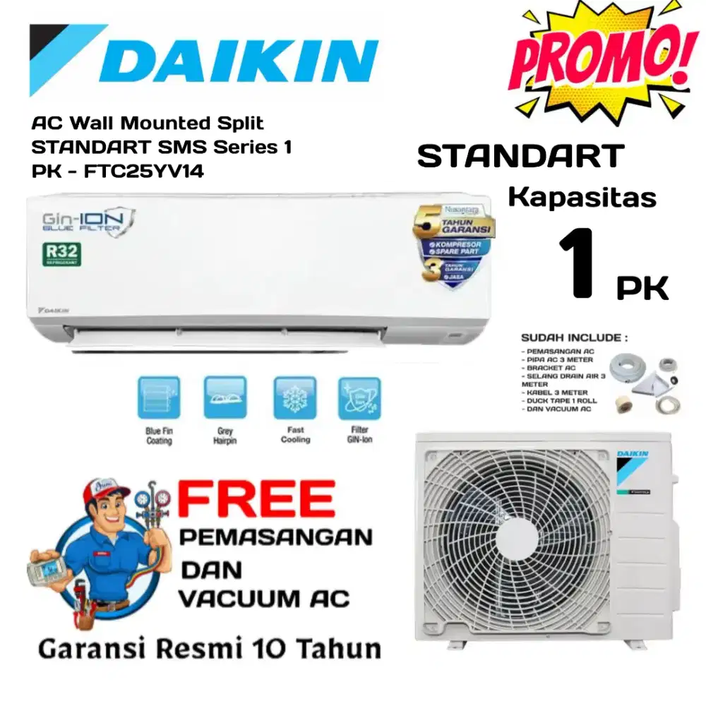 FREE PASANG! DAIKIN AC Stndart 1 PK NUSANTARA FTKC-25YV14 GIN BLUE ION