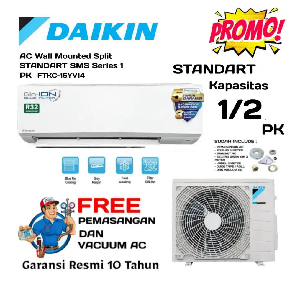 FREE PASANG! DAIKIN AC 1/2 PK STANDART FTKC-15YV14 GIN BLUE ION FILTER
