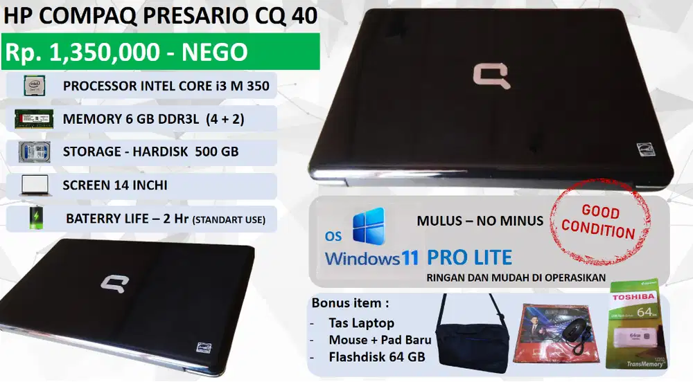 Laptop HP COMPAQ PRESARIO CQ40-No Minus dpt Bonus