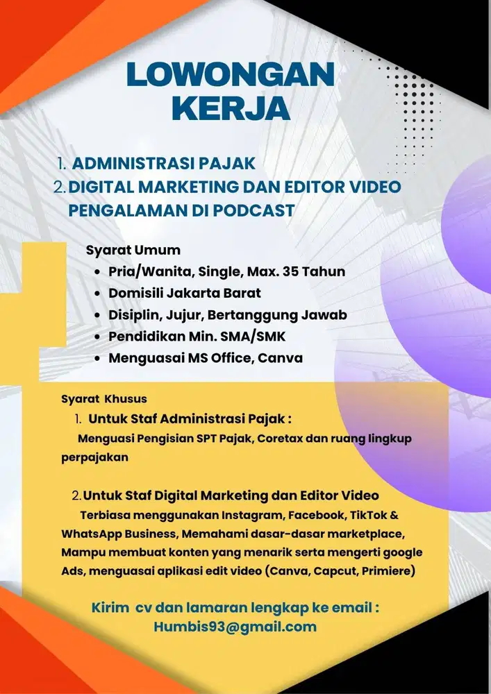 Lowongan Staf Admin Pajak, Staf Digital Marketing Menguas Edit Video