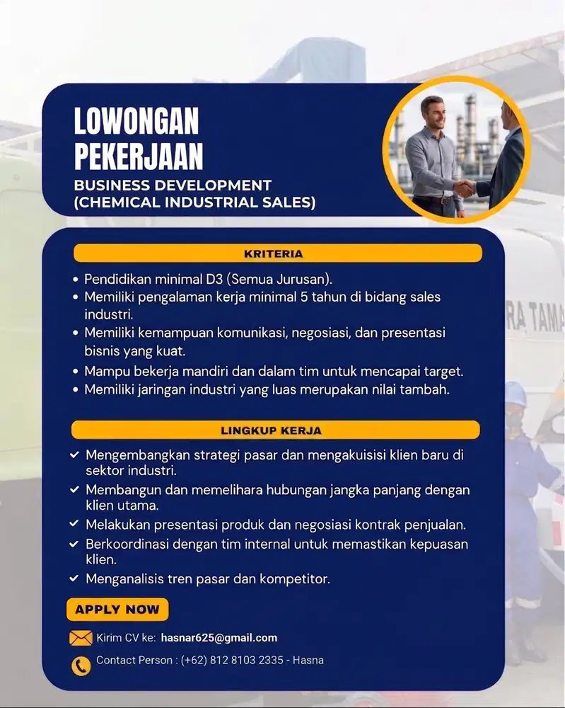 LOWONGAN KERJA: BUSINESS DEVELOPMENT/INDUSTRIAL SALES | Jakarta Barat