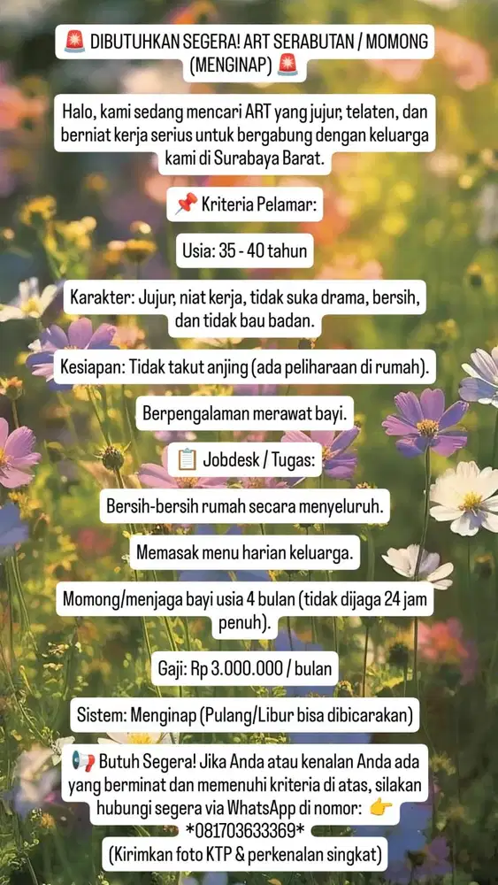 DIBUTUHKAN SEGERA! ART SERABUTAN / MOMONG (MENGINAP)