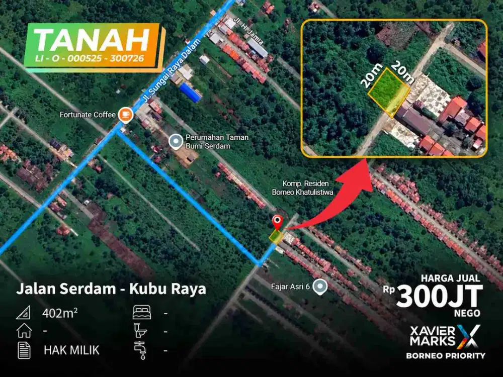 Tanah 402 m² Jalan Serdam Kubu Raya, SHM – Harga 300 Juta Nego