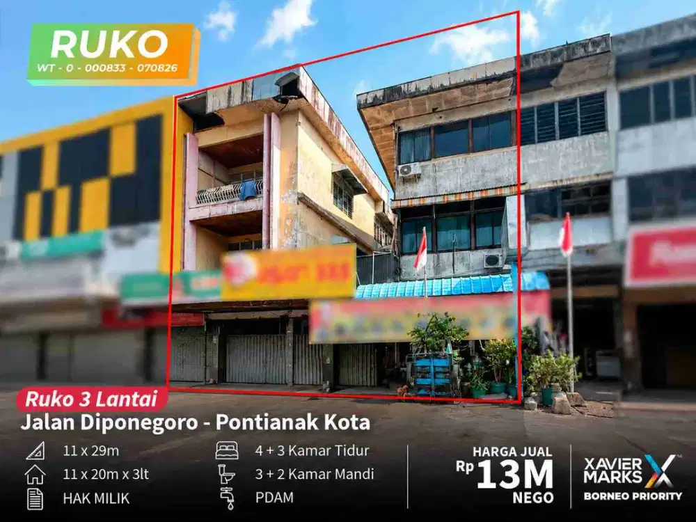 Ruko 3 Lantai Jalan Diponegoro Pontianak Kota – LT 11x29m, SHM