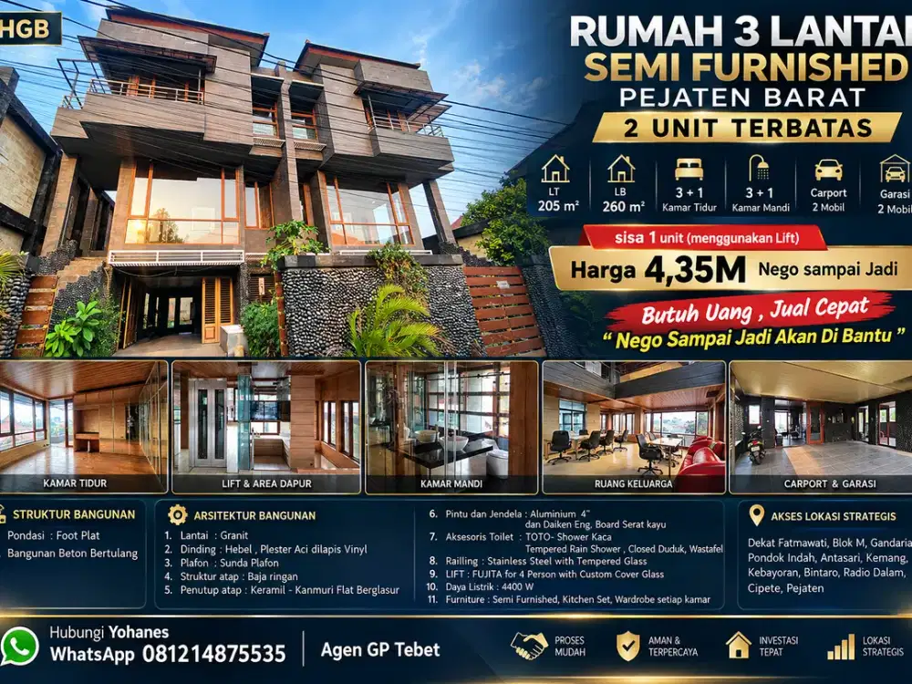 Rumah Pejaten Barat 3 Lantai LT 205 m² Private Lift