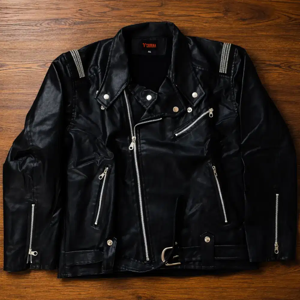 COD - Jaket Kulit Pria Model Biker/Motorcycle Hitam Ukuran XXL