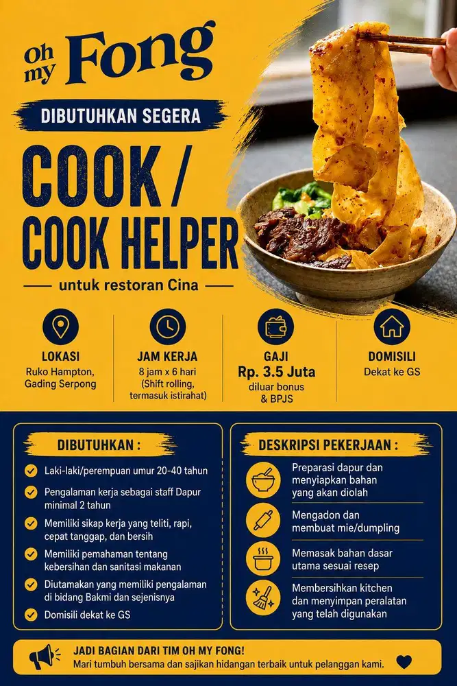 Cook / Cook Helper Restoran Cina di Gading Serpong