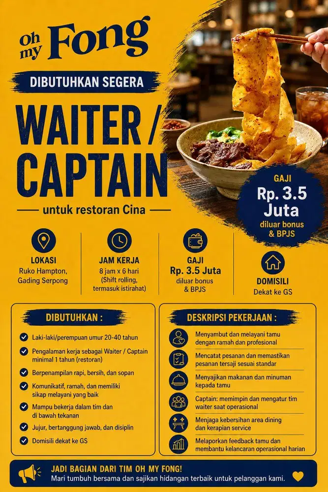 Waiter / Captain Restoran China di Gading Serpong