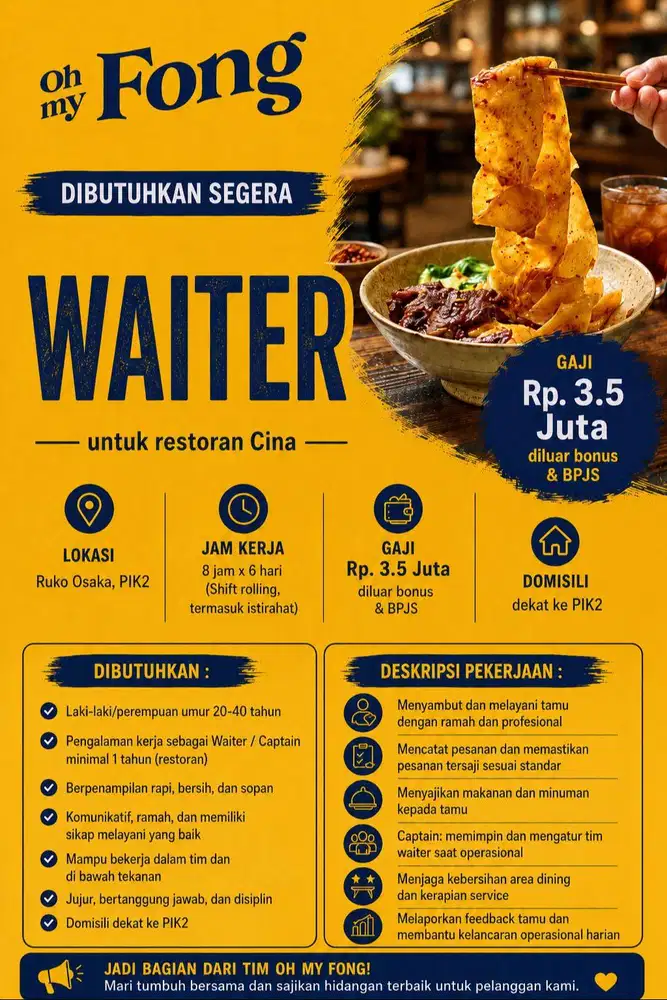 Waiter untuk Restoran Cina di PIK2