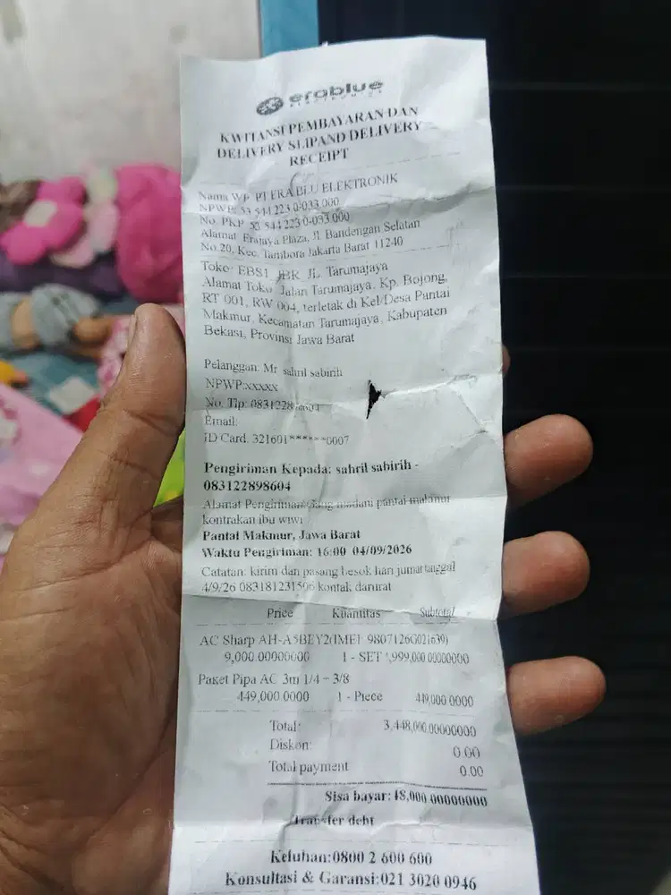 AC 1/2 Sharp baru nempel 1 hari