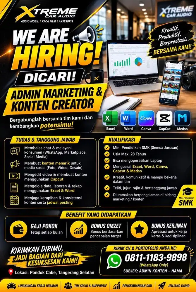 Lowongan untuk Admin, Marketing & Content Creator – Tangerang Selatan