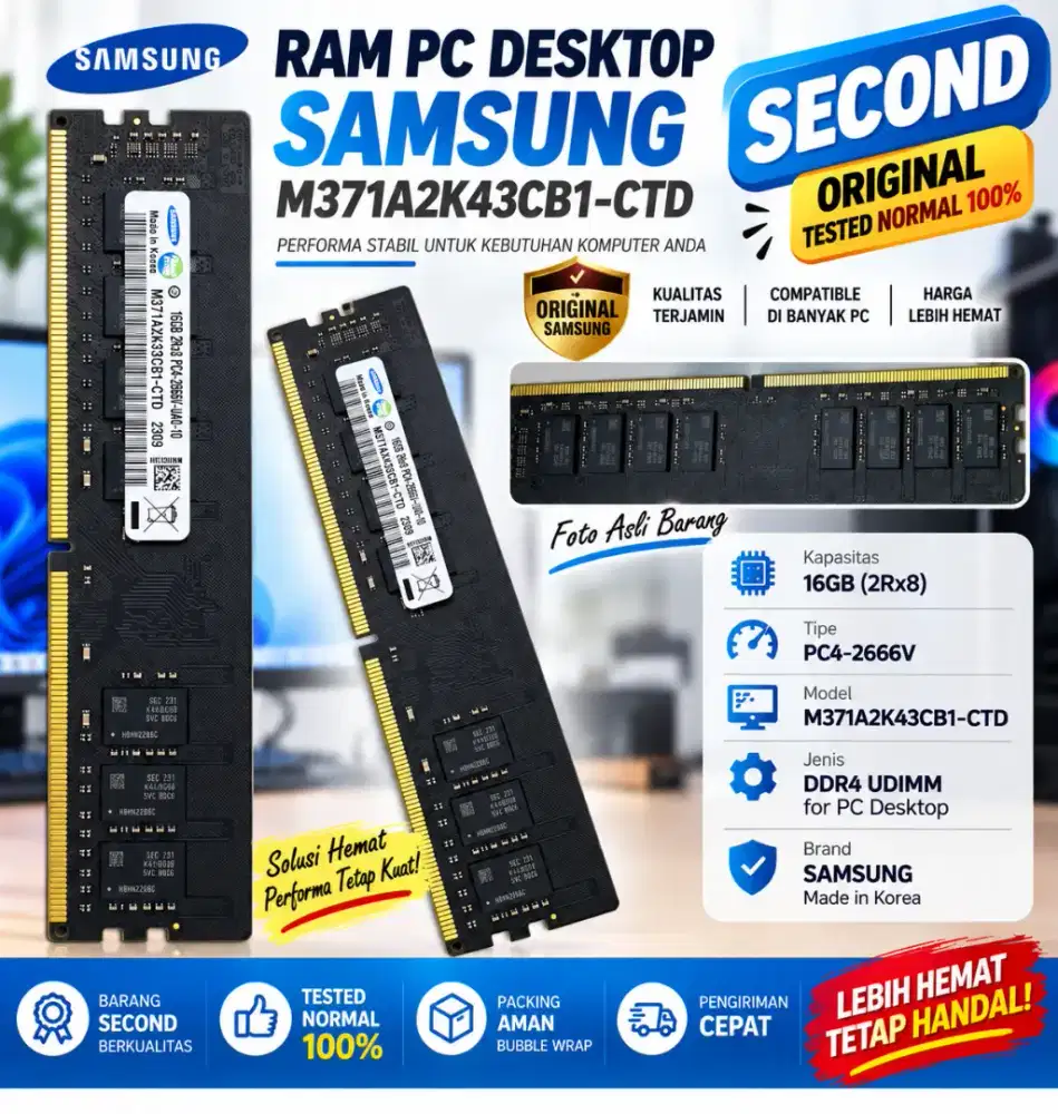 SECOND RAM PC Samsung 16GB DDR4 PC4-2666V|100% Normal Tested
