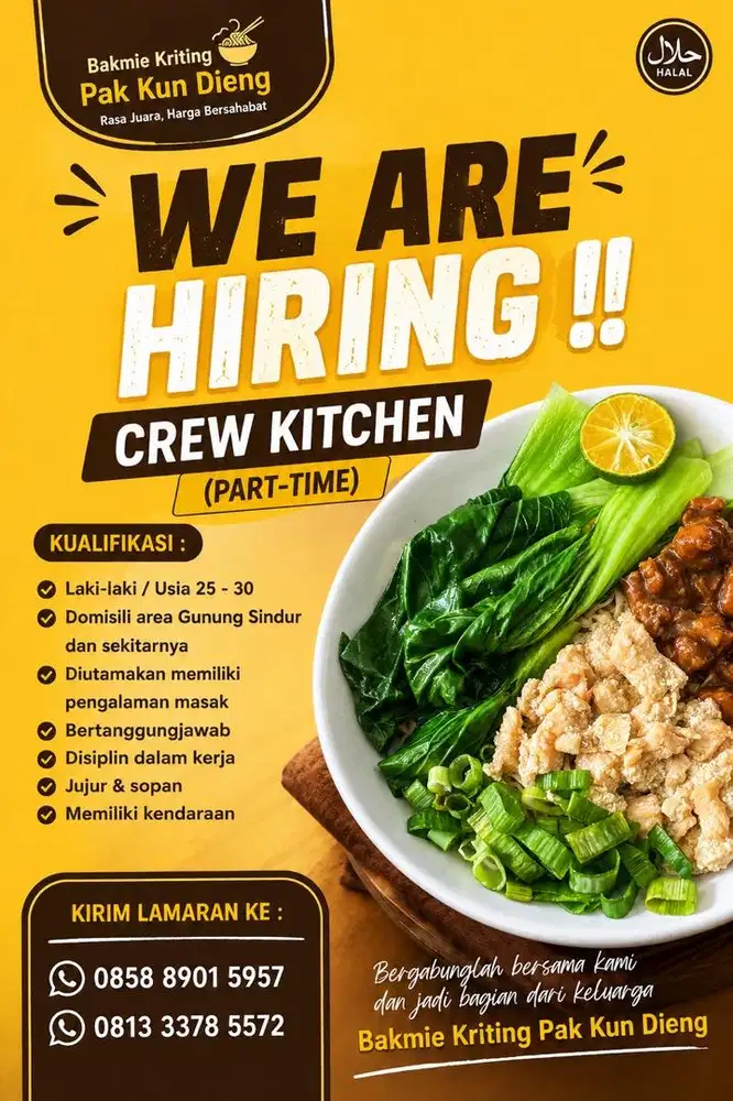 lowongan kerja crew kitchen part time - gunung sindur