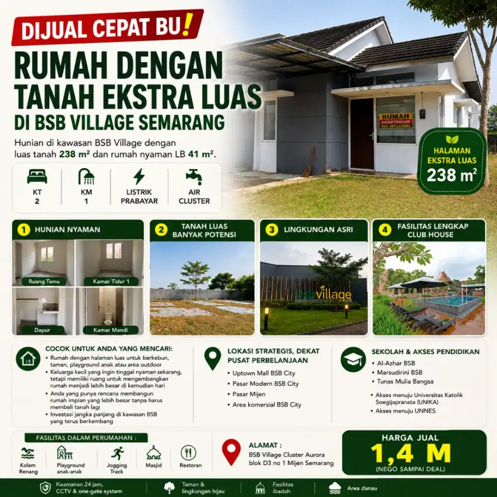DIJUAL CEPAT BU RUMAH TANAH LUAS BSB VILLAGE ISTIMEWA LT 238