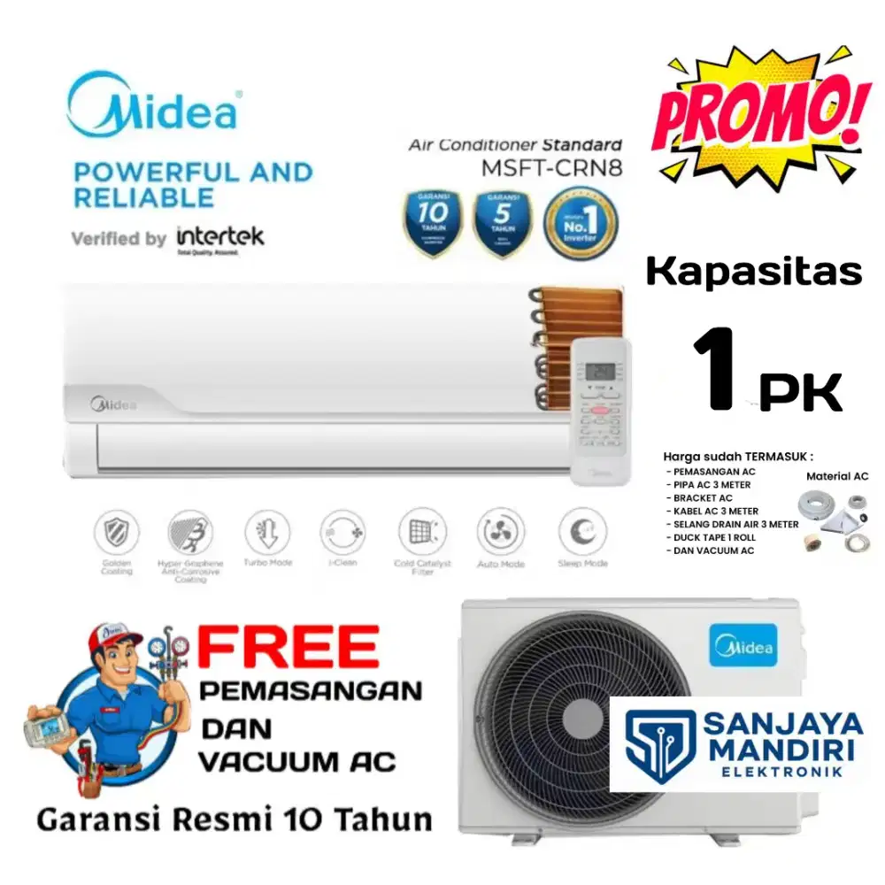 FREE PASANG! MIDEA AC 1 PK Standard MSFT-09CRN8 I-Clean Gold Coating