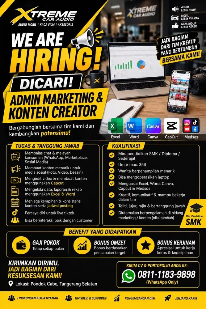 Lowongan untuk Admin, Marketing & Content Creator – Tangerang Selatan