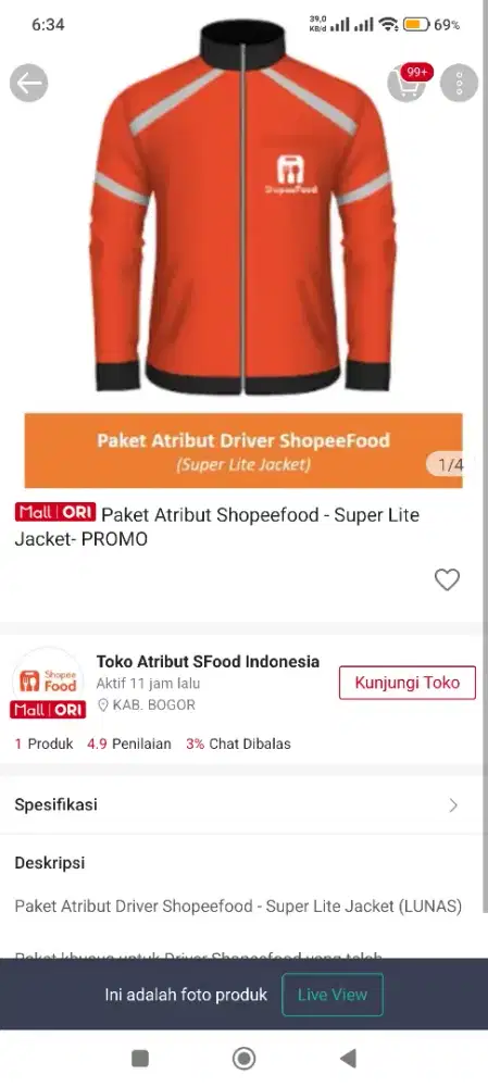 Jaket Shopee Food Driver original XXL