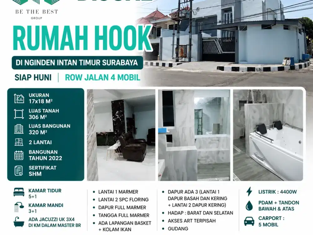 HOOK – LUAS 306 M2 (2 LANTAI) – SIAP HUNI!! RUMAH DIJUAL DI NGINDEN INTAN TIMUR SURABAYA