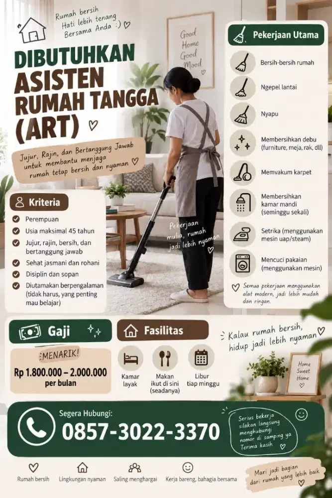 Di cari ART untuk bersih-bersih rumah