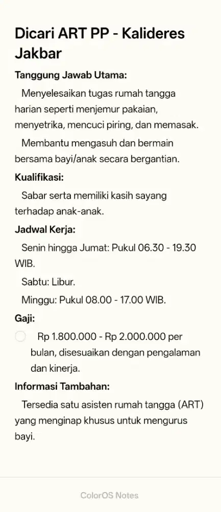 Dicari ART PP - KALIDERES JAKBAR