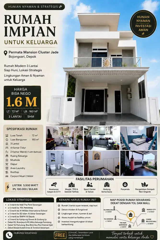 DIJUAL RUMAH 3 LANTAI - PERMATA MANSION CLUSTER JADE, BOJONGSARI DEPOK