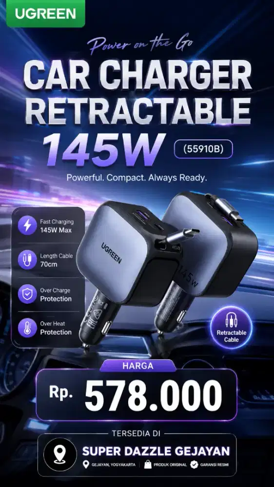 UGREEN CAR CHARGER RETRACTABLE 145W (55910B)