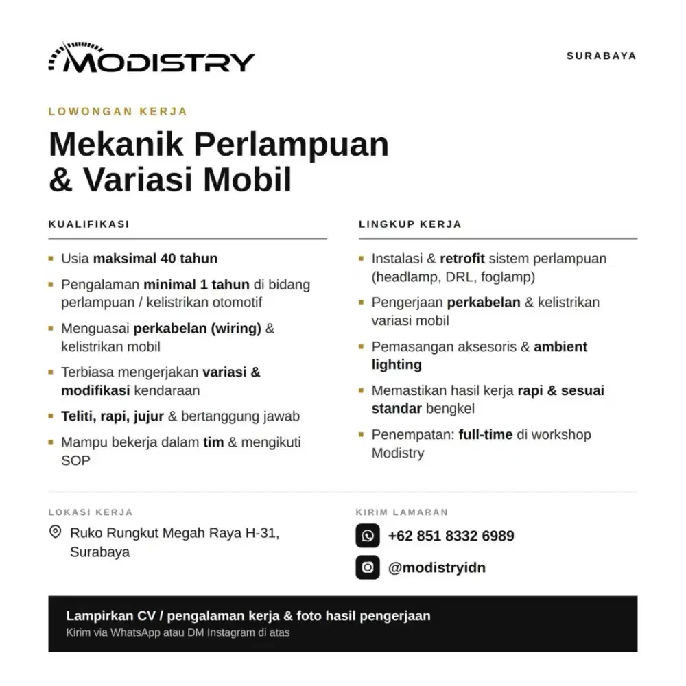 LOWONGAN KERJA MEKANIK PERLAMPUAN & VARIASI MOBIL – SURABAYA