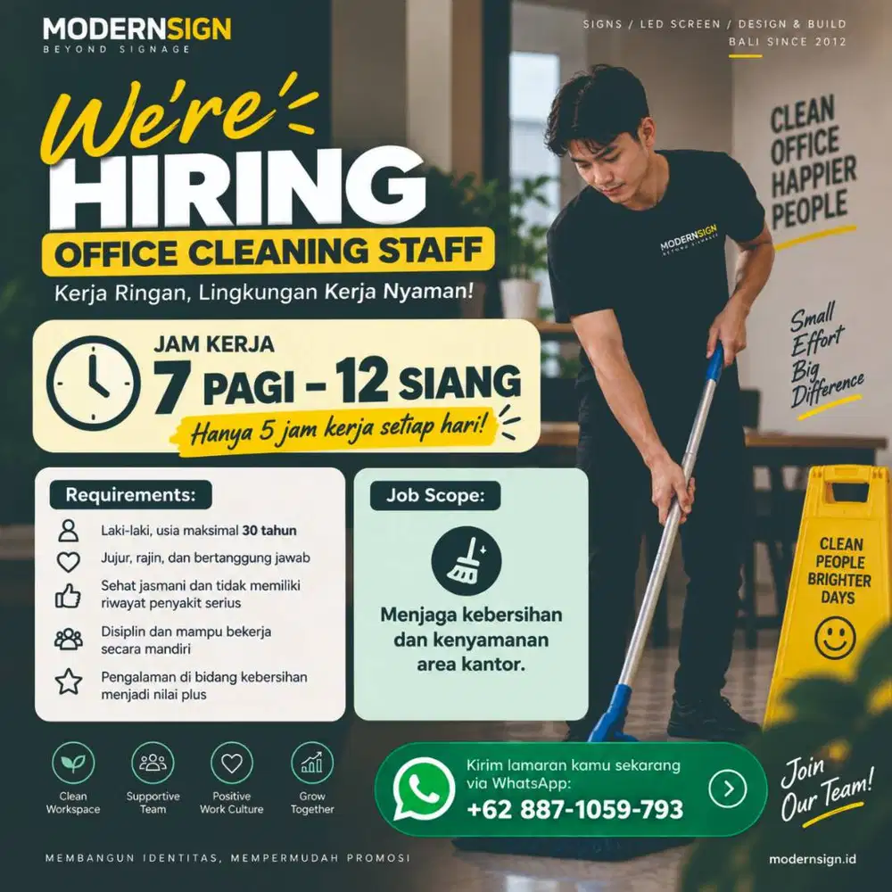 Office Boy - Kerja jam 7 sampai 12 siang saja.