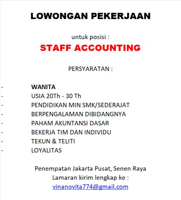 STAFF ACCOUNTING ( CV LANGUNG EMAIL ) NO INBOX