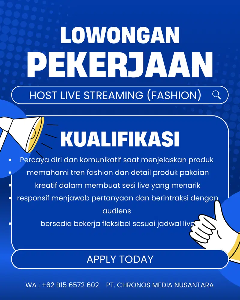 LOWONGAN KERJA – HOST LIVE E-COMMERCE (PRODUK FASHION) LOKER JAKARTA